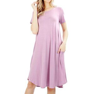 Zenana Short Sleeve Swing T-Shirt Dress with Side Pockets-Size M-Mauve